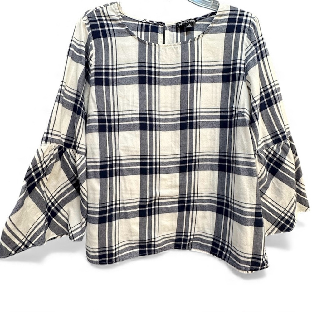 J.Crew Mercantile Plaid Bell Sleeve Blouse Top Navy Blue White Cotton Size 14